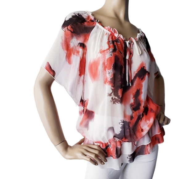 AB Studio Red & White Ruffled Chiffon Blouse - Picture 5 of 8